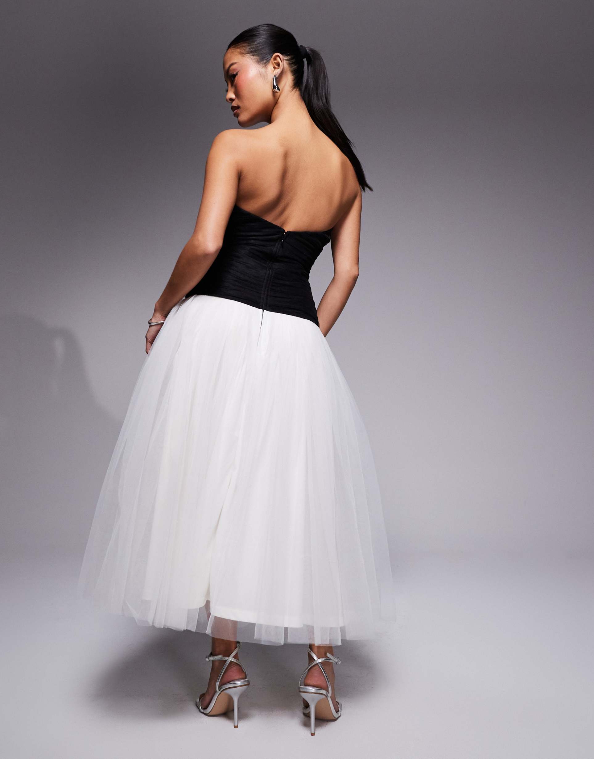 lace & beads petite drop hem contrast tulle maxi dress in black and ivory
