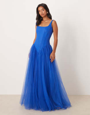 Lace & Beads Petite Drop Hem Corset Maxi Gown In Blue
