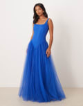 [Lace & Beads Petite] Lace & Beads Petite drop hem corset maxi gown in cobalt-Blue 4 Cobalt