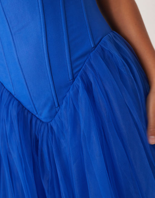 Lace & Beads Petite drop hem corset maxi gown in cobalt