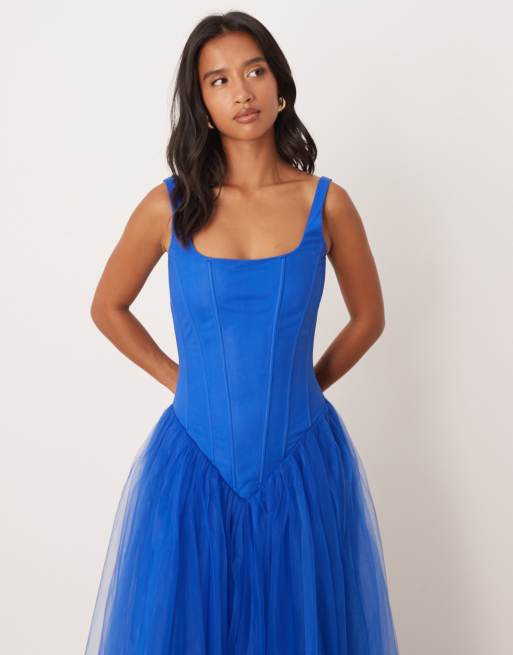 Lace & Beads Petite drop hem corset maxi gown in cobalt