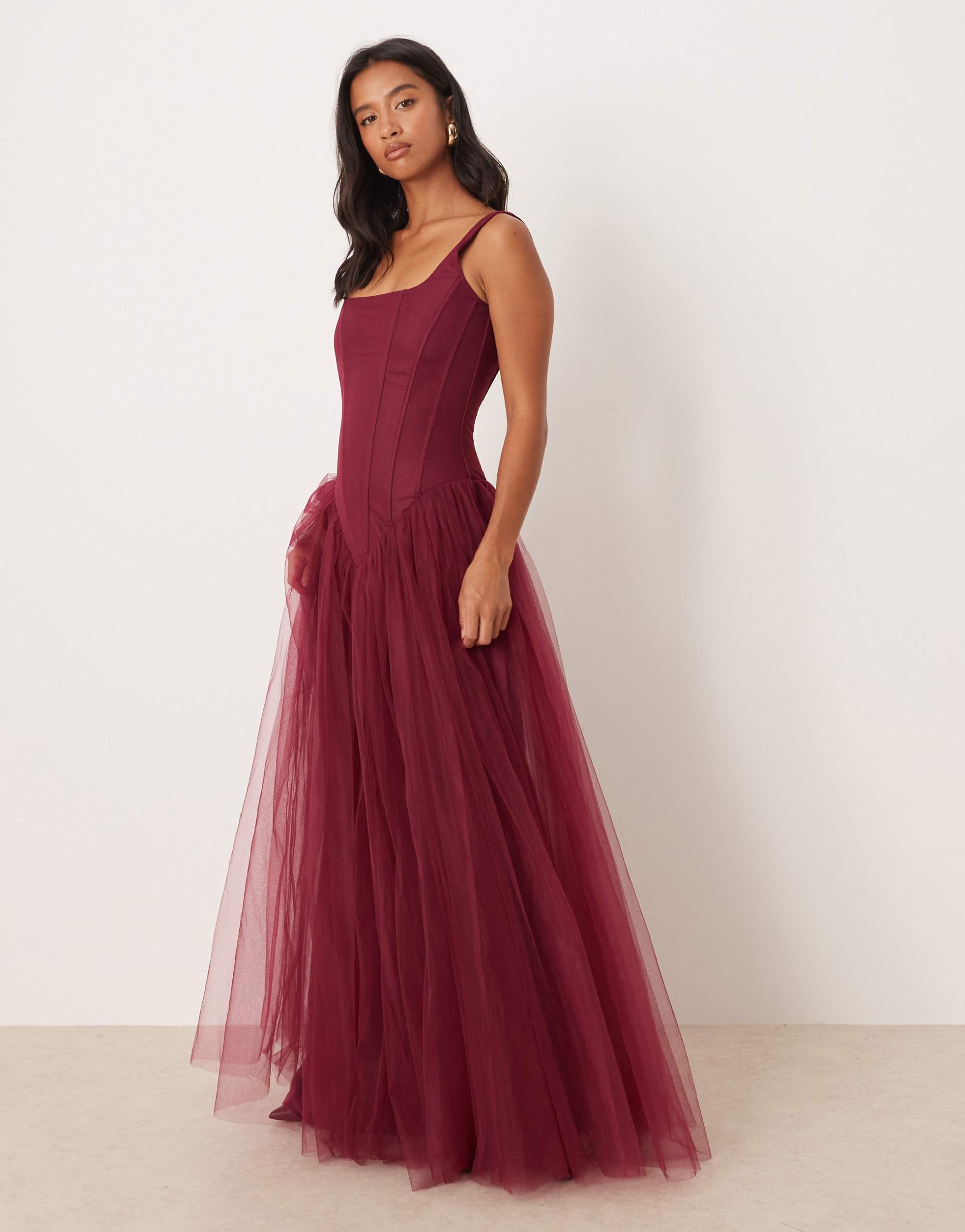 lace & beads petite drop hem corset maxi gown in fig