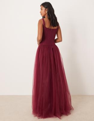 Lace & Beads Petite Drop Hem Corset Maxi Gown In Purple