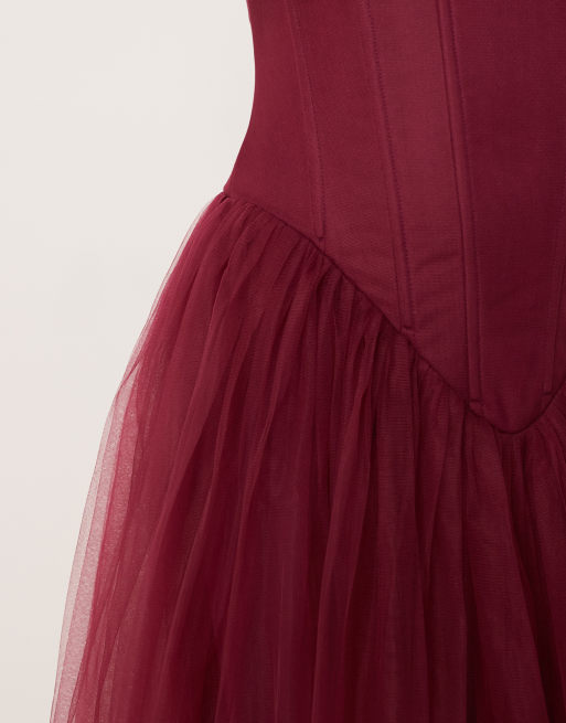 Lace & Beads Petite drop hem corset maxi gown in fig