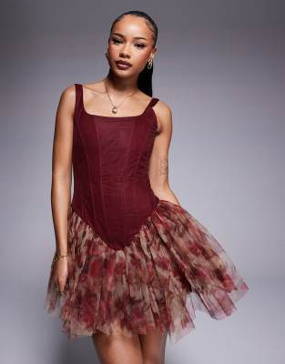 Lace & Beads Petite Lace & Beads Petite drop hem corset mini dress in burgundy rose floral-Red