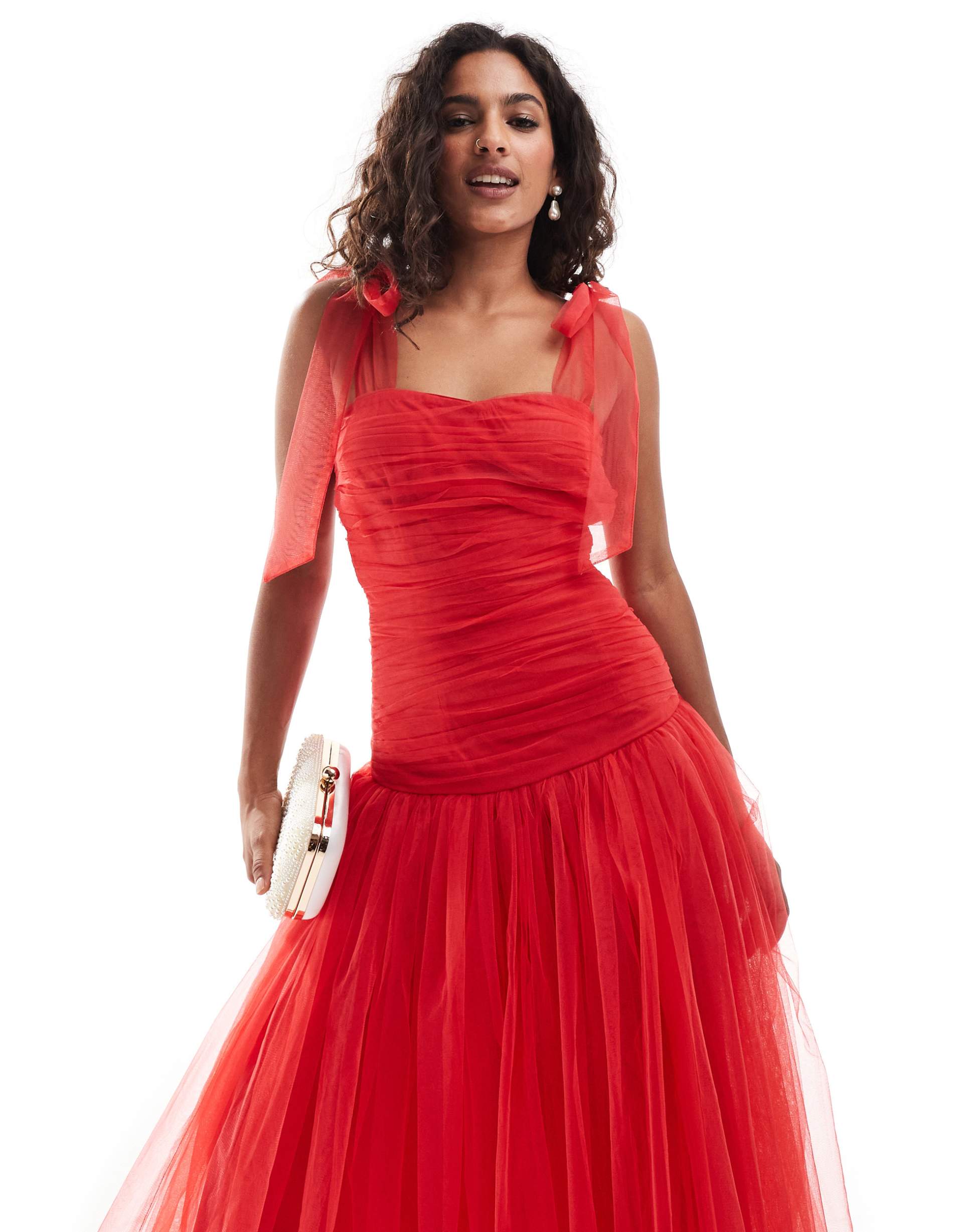 lace & beads petite drop waist bow shoulder midaxi dress in red