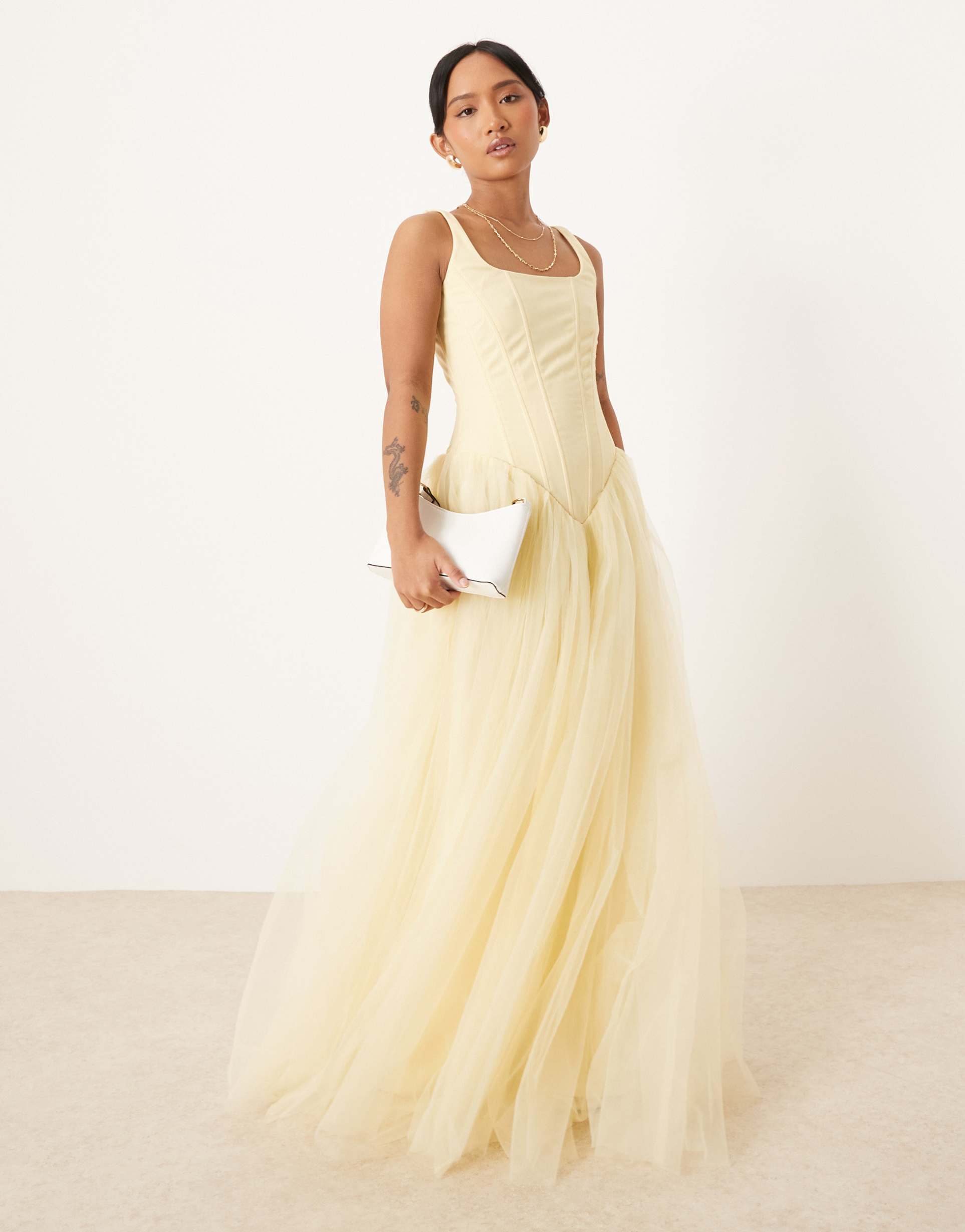 lace & beads petite drop waist corset maxi dress in lemon