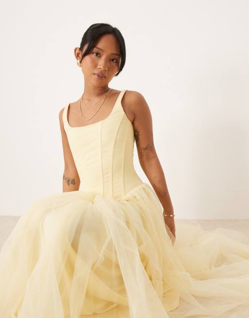 Lace & Beads Petite drop waist corset maxi dress in lemon
