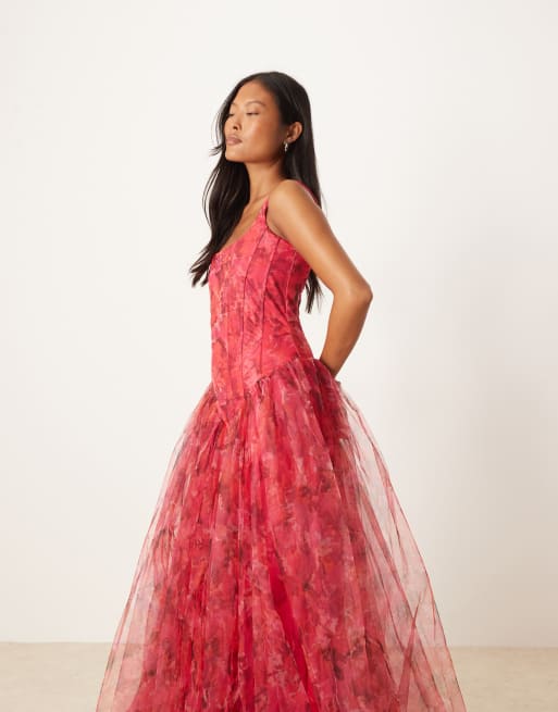 Lace & Beads Petite dropped waist corset detail maxi dress in red and pink floral