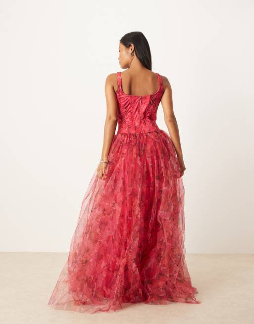 Lace & Beads Petite dropped waist corset detail maxi dress in red and pink floral