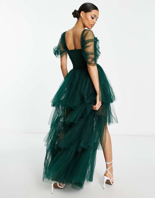 Lace & Beads Petite exclusive corset tulle high low maxi dress in emerald  green