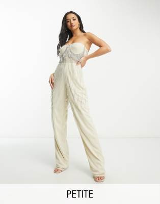 Lace & Beads Petite Exclusive Dripping Crystal Sheer Jumpsuit In Champagne-gold