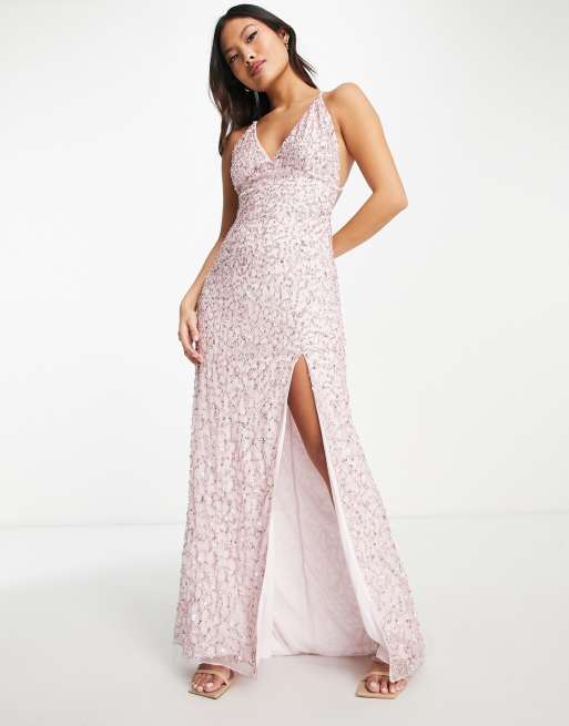 Lace & Beads exclusive embellished thigh split maxi dress in light