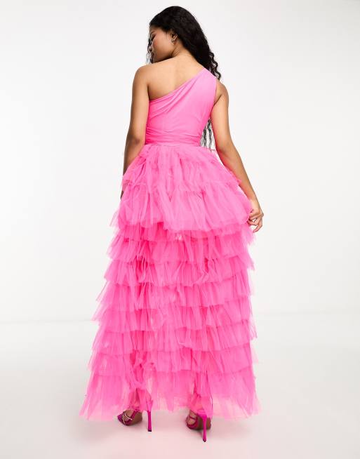 Lace & Beads off shoulder high low maxi dress in bright pink