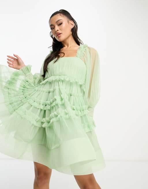 Lace u0026 Beads Petite exclusive long sleeve smock mini dress in sage | ASOS