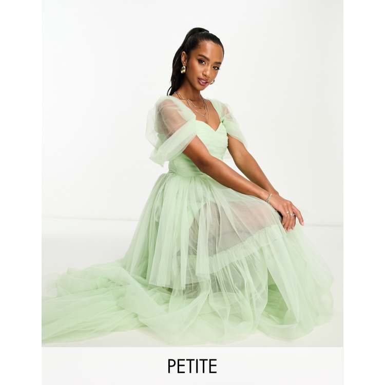 Lace & Beads exclusive off shoulder tulle tiered maxi dress in sage green