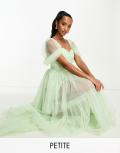 Lace & Beads Petite exclusive off-shoulder high low tulle maxi dress in sage green