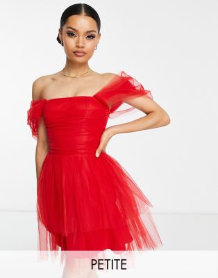 Lace & Beads Petite Exclusive Off Shoulder Wrapped Tulle Mini Dress In Pillarbox Red