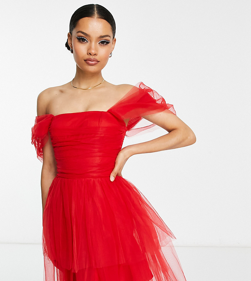 exclusive off shoulder wrapped tulle mini dress in pillarbox red