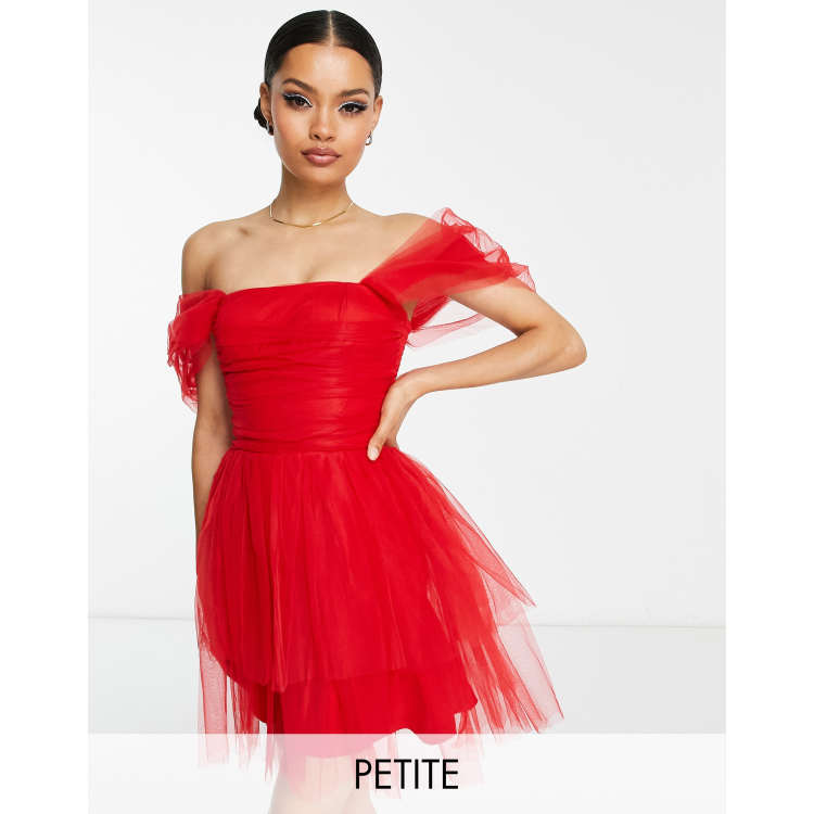 Lace & Beads Petite Exclusive crop top and tulle maxi skirt set in red