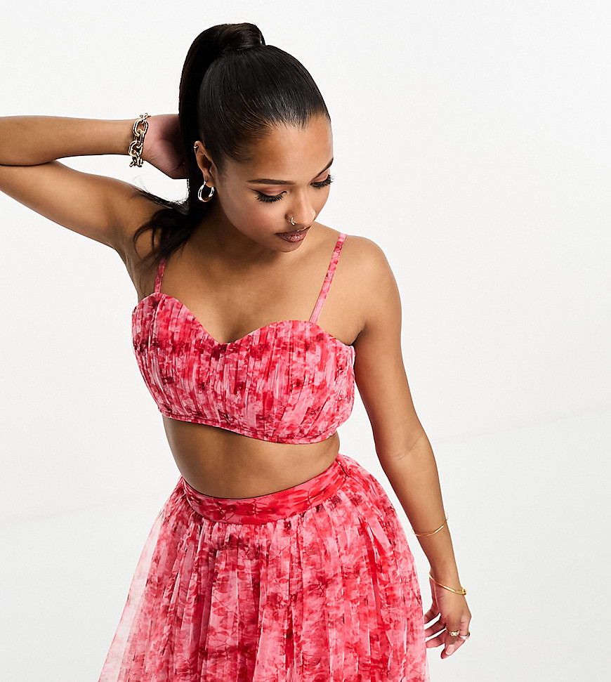 Lace & Beads Petite exclusive ruched tulle bralet co-ord in red and pink floral