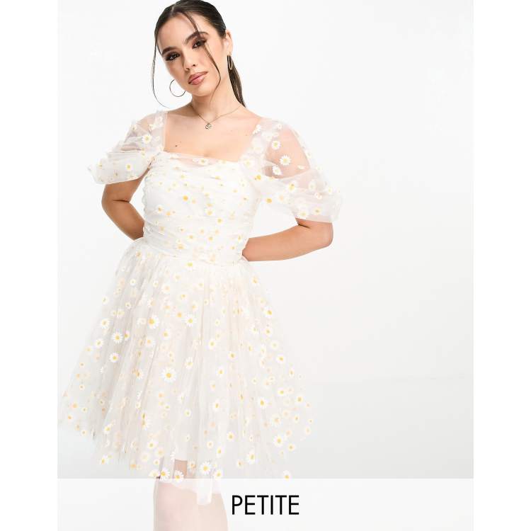 Lace Beads Petite exclusive ruched tulle mini dress in white daisy ASOS