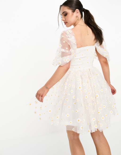 Lace & Beads Petite Exclusive ruched tulle mini dress in white daisy