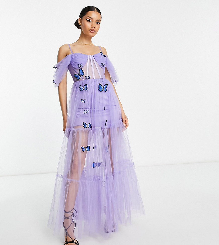Lace & Beads Petite exclusive sheer corset 3D butterfly embroidered pattern dress in lilac-Purple