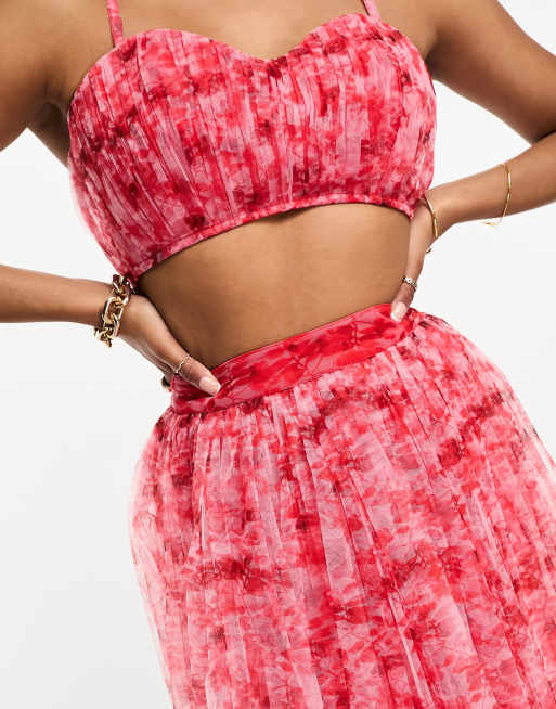 Lace Beads Petite exclusive tulle maxi skirt in red and pink floral part of a set ASOS