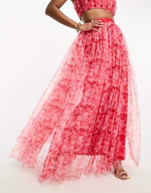 Lace & Beads Petite Exclusive crop top and tulle maxi skirt set in red and  pink