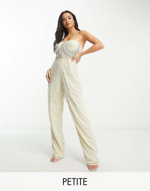 Lace & Beads Petite Exklusivt Champagnefärgad jumpsuit med skir