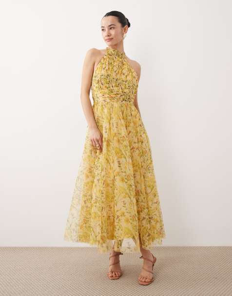 Lace & Beads Petite – Gul, blommig midiklänning i tyll med hög krage - view 1