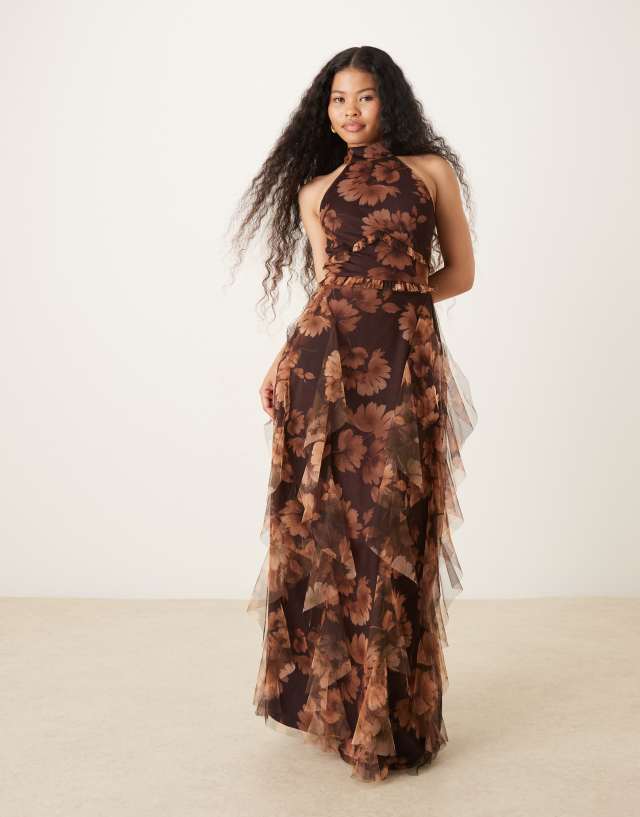 maxi dress with beads Lace & Petite halter neck ruffle in brown print worthy piece—made for moments Size:160 cm Lace dress Price_$75-$100 Full Figure Size Bridal
