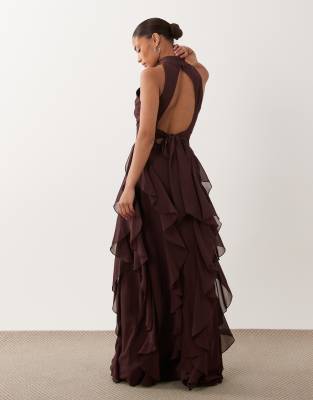 Lace & Beads Petite High Neck Backless Ruffle Maxi Dress In Brown