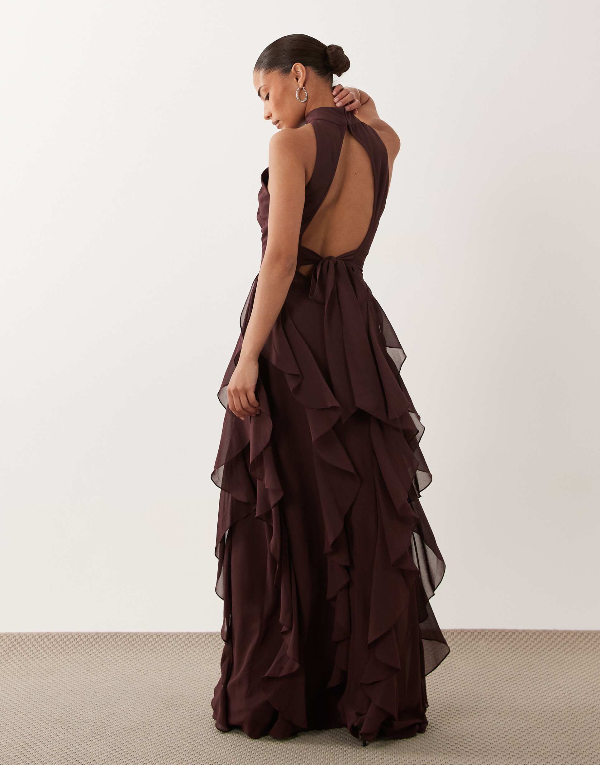lace & beads petite high neck backless ruffle maxi dress in chocolate