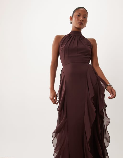 Lace & Beads Petite high neck backless ruffle maxi dress in chocolate, 4 of 4