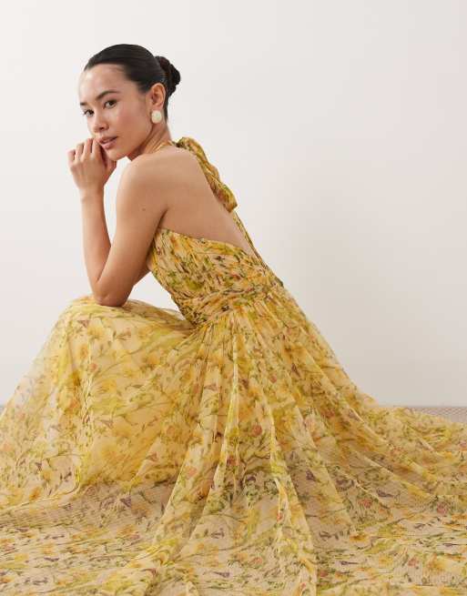 Lace & Beads - Petite - Hoogsluitende midi jurk van tule in gele bloemenprint, 2 van 4