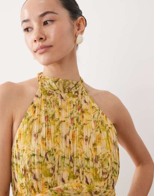 Lace & Beads - Petite - Hoogsluitende midi jurk van tule in gele bloemenprint, 3 van 4