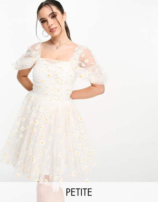 Lace & Beads Petite - Hvid minikjole i tyl med marguerit-print - Kun hos ASOS