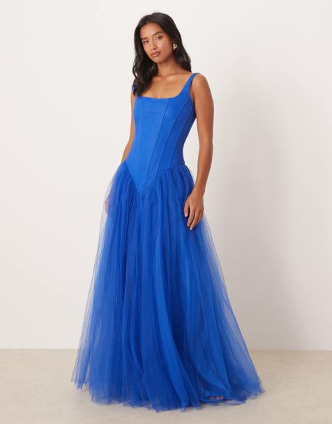 Lace & Beads Petite drop hem corset maxi gown in cobalt