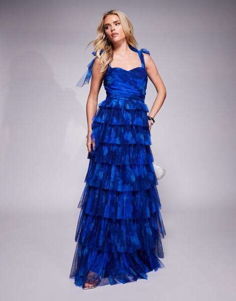 Lace & Beads Petite bow shoulder tulle maxi dress in cobalt