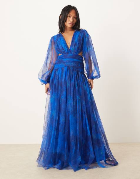 Lace & Beads Petite plunge drop hem tulle maxi dress in cobalt