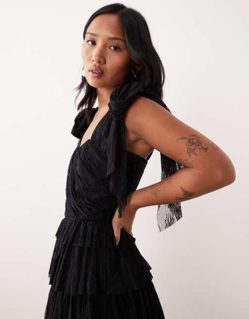 Lace & Beads Petite lace bow shoulder tiered maxi dress in black, 2 of 4
