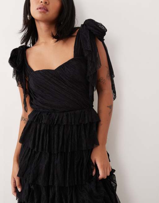 Lace & Beads Petite lace bow shoulder tiered maxi dress in black, 4 of 4