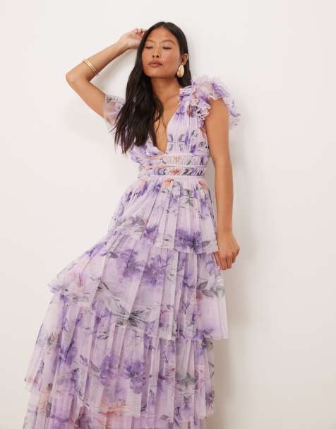 Lace & Beads Petite – Liliowa tiulowa kaskadowa sukienka maxi z ramionami z falbanką w kwiatowy wzór - view 1