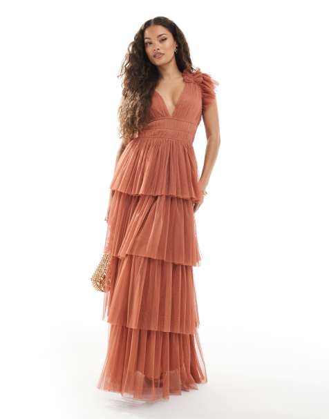 Lace & Beads Petite - L'invitée - Robe longue étagée à volants en tulle - Rose terracotta - view 1