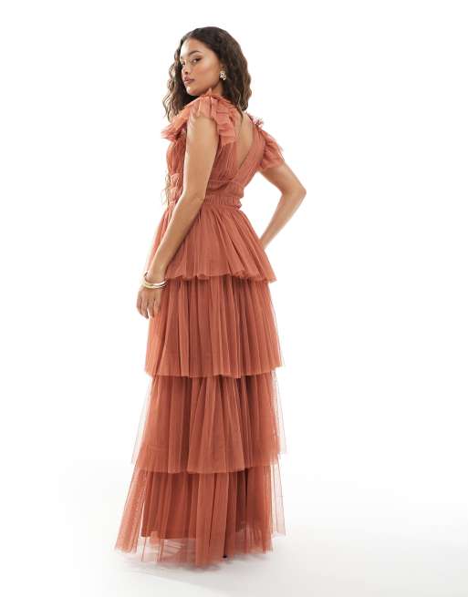 Lace & Beads Petite - L'invitée - Robe longue étagée à volants en tulle - Rose terracotta, 2 de 4