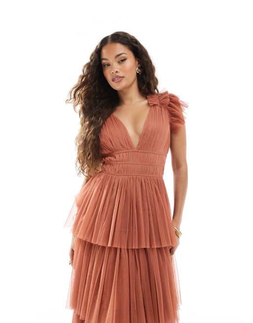 Lace & Beads Petite - L'invitée - Robe longue étagée à volants en tulle - Rose terracotta, 4 de 4