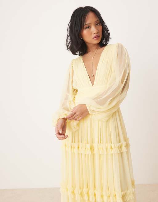 Lace & Beads Petite – Ljusgul maxiklänning i bohemisk stil med volang, 2 av 4