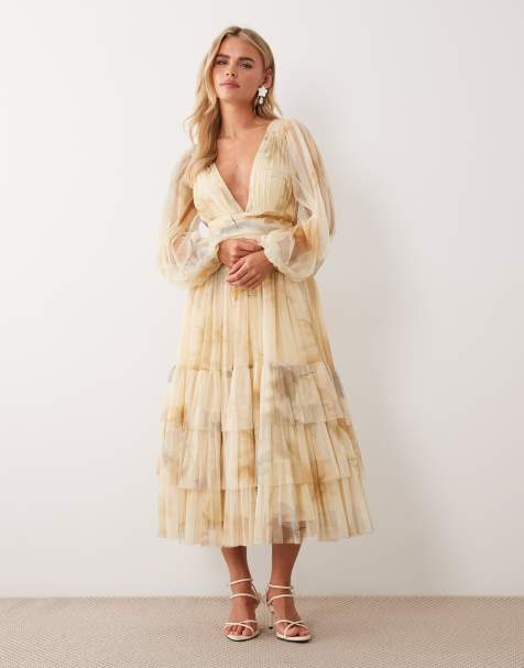 Lace & Beads Petite  long sleeve maxi dress in yellow floral print